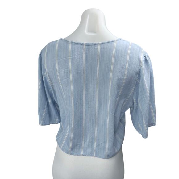Nordstrom BP Blue White Striped Short Sleeve Tie Hem Cropped Blouse Top Size L - Picture 2 of 4